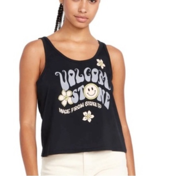 Volcom Black “To The Bank Tank” Top Black Organic Cotton Smiley Flowers - Picture 9 of 9